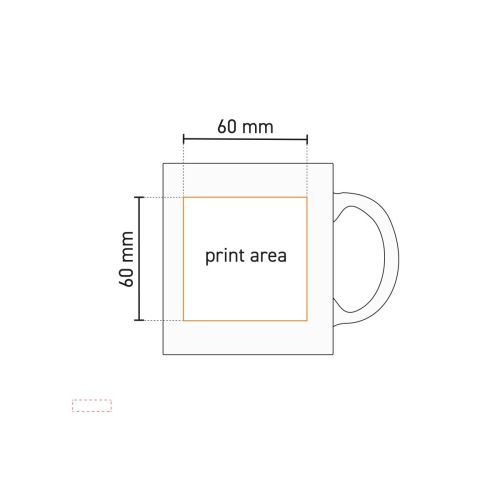 Technische werktekening van Kitty mok 30 cl porselein met gemarkeerd drukgebied op voorzijde.