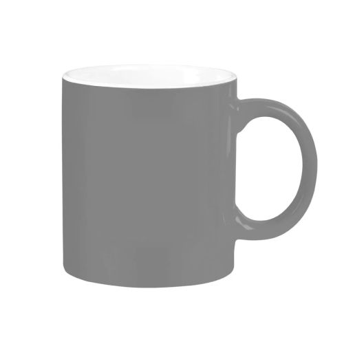 Vooraanzicht van grijs-witte Kitty mok 30 cl in porselein, met zicht op de gladde cilindrische vorm en brede oor.