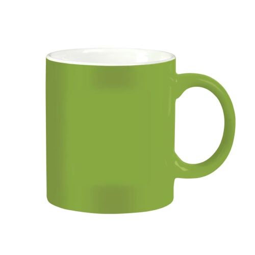 Vooraanzicht van lichtgroene-witte Kitty mok 30 cl in porselein, met zicht op de gladde cilindrische vorm en brede oor.