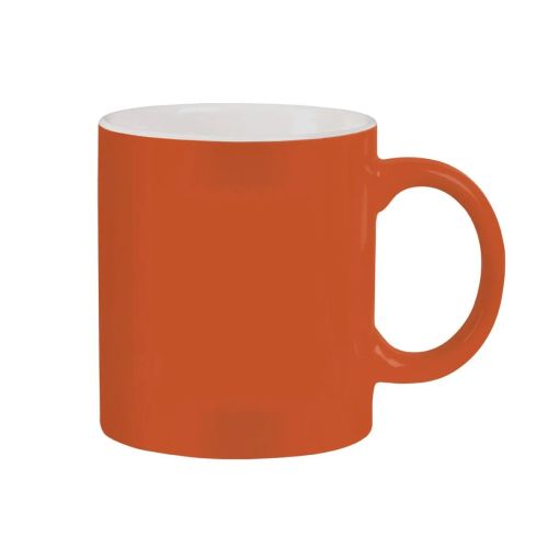 Vooraanzicht van oranje-witte Kitty mok 30 cl in porselein, met zicht op de gladde cilindrische vorm en brede oor.