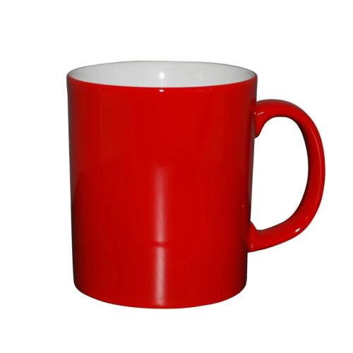 Vooraanzicht van rood-witte Kitty mok 30 cl in porselein, met zicht op de gladde cilindrische vorm en brede oor.