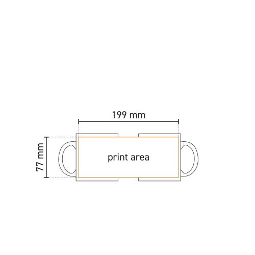Technische werktekening van Kitty mok 30 cl in RVS met gemarkeerd drukgebied voor bedrukking. Technische werktekening van Kitty mok 30 cl in RVS met gemarkeerd drukgebied voor bedrukking.