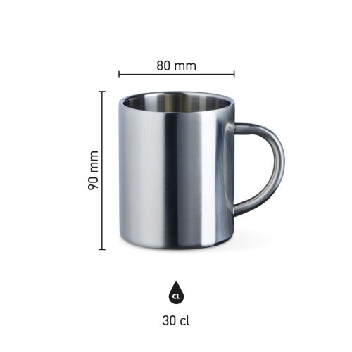 Infographic van Kitty RVS mok 30 cl met aanduiding van hoogte, diameter en inhoud in beeld. Infographic van Kitty RVS mok 30 cl met aanduiding van hoogte, diameter en inhoud in beeld.