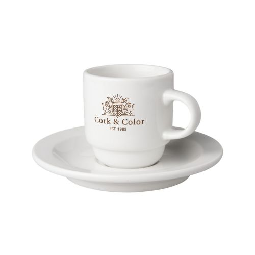 Kop en schotel wit Budgetline Smal 14 cl porselein vooraanzicht met éénkleurige CorkColor logo-opdruk. Kop en schotel wit Budgetline Smal 14 cl porselein vooraanzicht met éénkleurige CorkColor logo-opdruk.