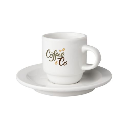Voorzijde van Budgetline Smal kop en schotel wit 14 cl porselein met CoffeeCo logo in meerdere kleuren. Voorzijde van Budgetline Smal kop en schotel wit 14 cl porselein met CoffeeCo logo in meerdere kleuren.