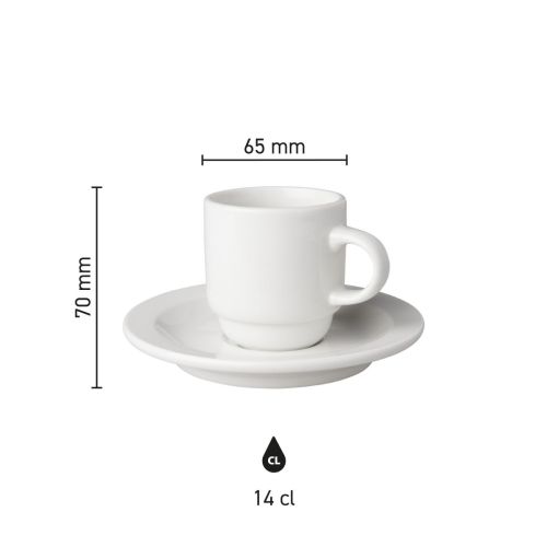 Infographic met productafmetingen van kop en schotel wit Budgetline Smal 14 cl porselein set. Infographic met productafmetingen van kop en schotel wit Budgetline Smal 14 cl porselein set.