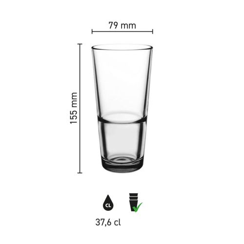Infographic met afmetingen van het Latte Macchiato stapel Grande S glas 37,6 cl., inclusief diameter.