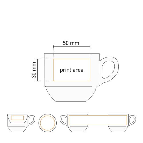 Technische tekening toont bedrukbare zone op porseleinen koffie kop Legio 16 cl. Technische tekening toont bedrukbare zone op porseleinen koffie kop Legio 16 cl.