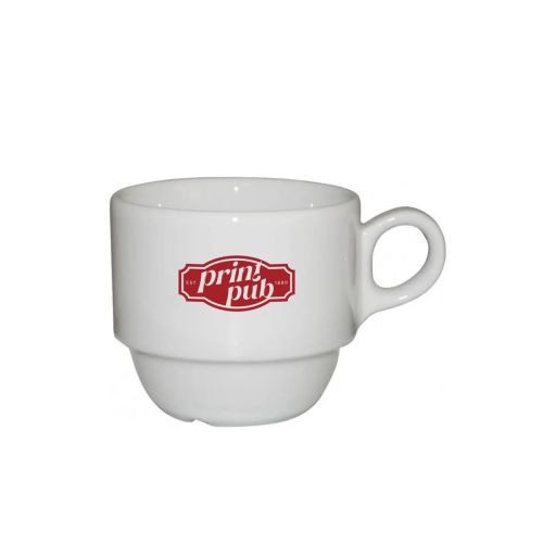 Legio porseleinen koffie kop 16 cl bedrukt met rood logo van PrintPub op het vooraanzicht. Legio porseleinen koffie kop 16 cl bedrukt met rood logo van PrintPub op het vooraanzicht.
