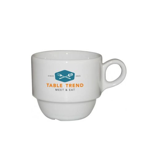 Witte Legio koffie kop 16 cl. porselein met meerkleurig TableTrend-logo op het voorvlak. Witte Legio koffie kop 16 cl. porselein met meerkleurig TableTrend-logo op het voorvlak.