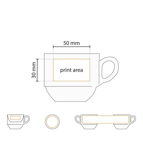 Werktekening geeft drukgebied aan op witte Legio koffieset van 16 cl in porselein. Werktekening geeft drukgebied aan op witte Legio koffieset van 16 cl in porselein.