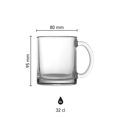Maatvoering van de London glazen mok 32 cl. met hoogte, diameter en inhoud in infographic