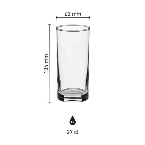 Afbeelding met afmetingen van het longdrinkglas 27 cl., inclusief inhoud, breedte en hoogte. Afbeelding met afmetingen van het longdrinkglas 27 cl., inclusief inhoud, breedte en hoogte.