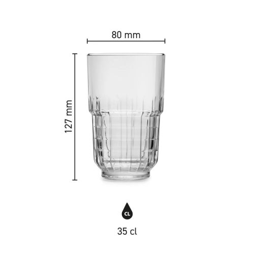Maatvoering van het Longdrinkglas Tarq 35 cl. met hoogte, diameter en inhoud in infographic