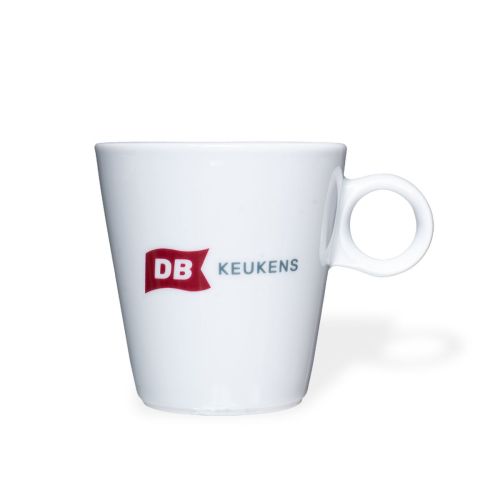 Lukas cappuccino kop wit 19,5 cl porselein met meerkleurig DB Keukens-logo op het voorpaneel