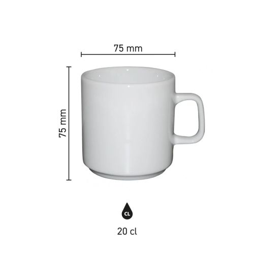 Maatvoering van de Margot mok 20 cl porselein met hoogte, diameter en inhoud in infographic