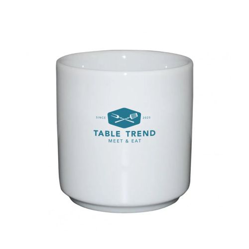 Margot mok zonder oor wit 20 cl porselein met eenkleurig logo van TableTrend op het voorpaneel
