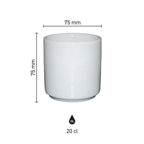 Maatvoering van de Margot mok zonder oor wit 20 cl porselein met hoogte, diameter en inhoud in infographic