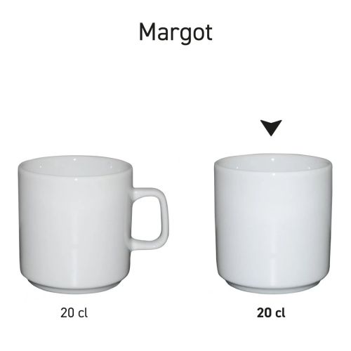 Margot mok zonder oor wit 20 cl porselein in serie, meerdere exemplaren naast elkaar getoond