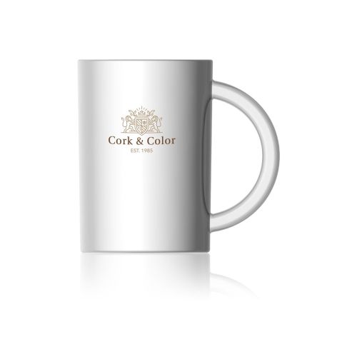 Mok Torm 31 cl. van wit porselein met meerkleurig logo van CorkColor op het voorpaneel