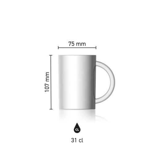 Mok Torm 31 cl. van wit porselein met eenkleurig logo van CoffeeCo op het voorpaneel, infographic met afmetingen