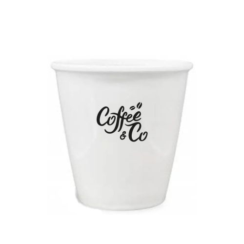 Witte papercup porselein 24 cl. van met éénkleurig logo van CoffeeCo op de voorzijde gedrukt. Witte papercup porselein 24 cl. van met éénkleurig logo van CoffeeCo op de voorzijde gedrukt.