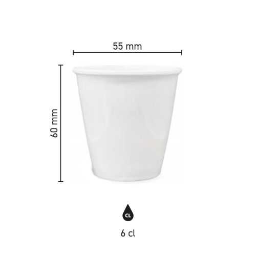 Infographic toont afmetingen van papercup porselein 6 cl. inclusief hoogte en diameter. Infographic toont afmetingen van papercup porselein 6 cl. inclusief hoogte en diameter.