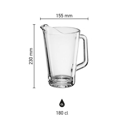 Infographic met productafmetingen van de Pitcher Conic 1,8 liter glas, inclusief hoogte en inhoud. Infographic met productafmetingen van de Pitcher Conic 1,8 liter glas, inclusief hoogte en inhoud.
