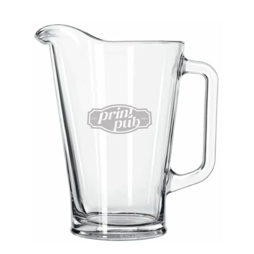 Glazen pitcher van 1,7 liter met gegraveerd PrintPub-logo zichtbaar aan de voorzijde. Glazen pitcher van 1,7 liter met gegraveerd PrintPub-logo zichtbaar aan de voorzijde.