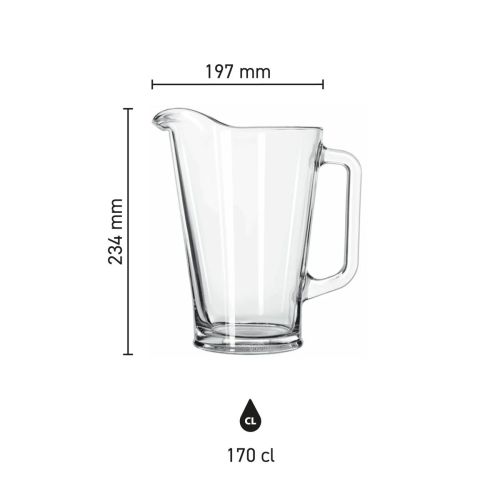 Infographic toont de afmetingen van de glazen pitcher Libbey 1,7 liter met maataanduidingen. Infographic toont de afmetingen van de glazen pitcher Libbey 1,7 liter met maataanduidingen.