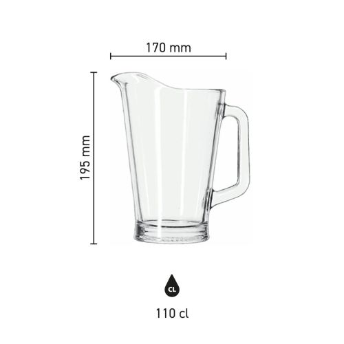 Infographic toont glasafmetingen van de Libbey pitcher 1 liter, inclusief hoogte en diameter. Infographic toont glasafmetingen van de Libbey pitcher 1 liter, inclusief hoogte en diameter.