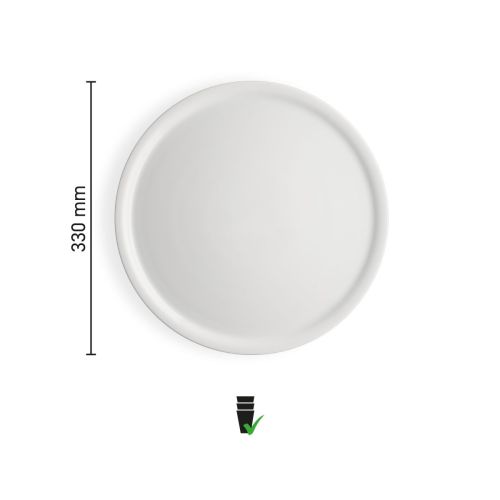 Infographic met afmetingen van wit pizzabord Essentials 32 cm porselein, diameter en randhoogte visueel weergegeven