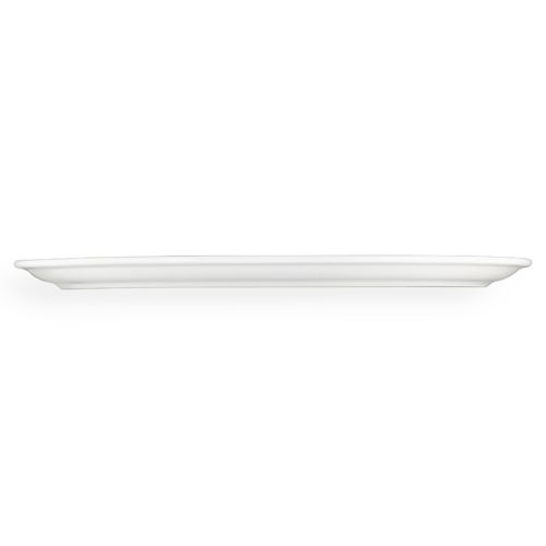 Zijaanzicht van wit pizzabord Essentials 32 cm van porselein, met lage rand en vlakke bodem duidelijk zichtbaar