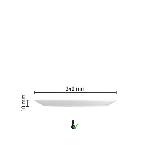 Grafische weergave van diameter en vorm van het porseleinen pizzabord Isabelle 34 cm.