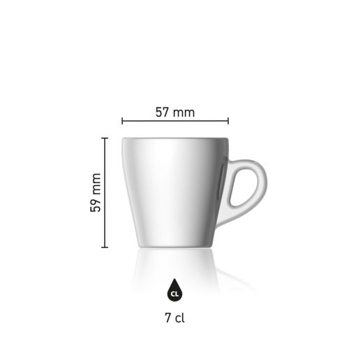 Maatvoering van de Pura Espresso Kop 7 cl. met hoogte, diameter en inhoud in infographic