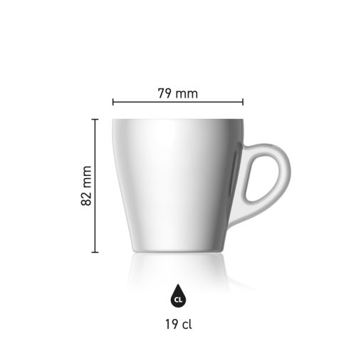 Maatvoering van de Pura Koffie Kop 19 cl. met hoogte, diameter en inhoud in infographic