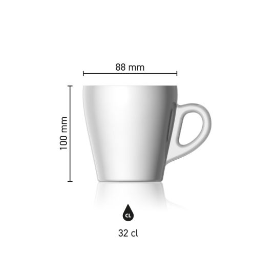 Maatvoering van de Pura Koffie Kop 32 cl. van glas met hoogte, diameter en inhoud in infographic