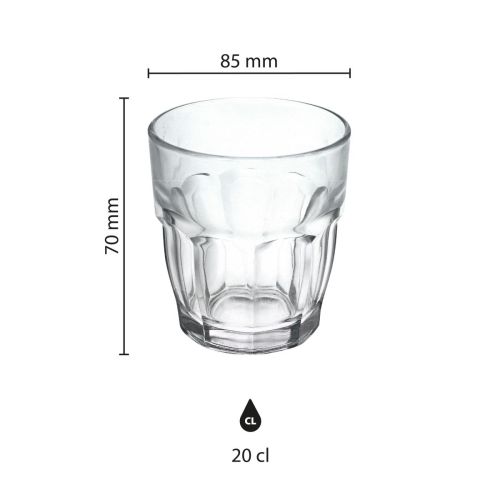 Infographic toont afmetingen van het Rockbar Tumbler glas van 20 cl, inclusief hoogte en diameter in millimeters.