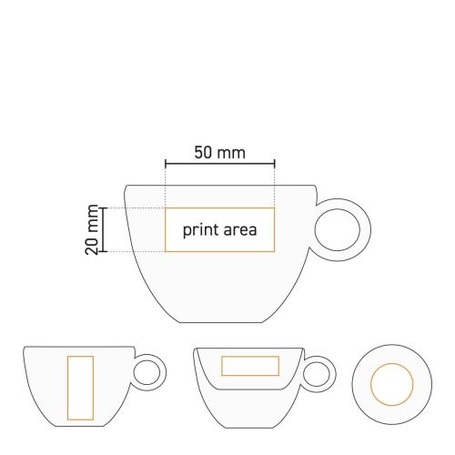 Technische werktekening van Rondo Cappuccino 20 cl. SET porselein met aanduiding van het drukgebied. Technische werktekening van Rondo Cappuccino 20 cl. SET porselein met aanduiding van het drukgebied.