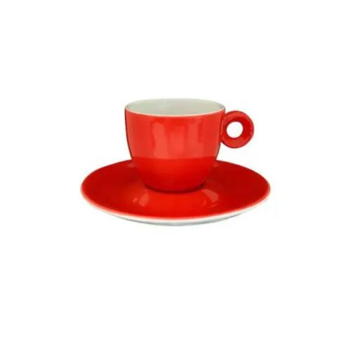 Vooraanzicht van rood-witte Rondo Espresso 8 cl. porseleinen set met compacte kop en bijpassende schotel. Vooraanzicht van rood-witte Rondo Espresso 8 cl. porseleinen set met compacte kop en bijpassende schotel.