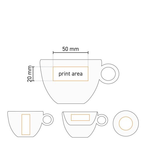 Technische werktekening met drukgebied van Rondo Koffie 15 cl. SET porselein duidelijk gemarkeerd. Technische werktekening met drukgebied van Rondo Koffie 15 cl. SET porselein duidelijk gemarkeerd.