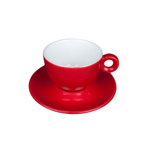 Rood-witte Rondo koffiekop 15 cl. van porselein, samen met schotel in vooraanzicht afgebeeld. Rood-witte Rondo koffiekop 15 cl. van porselein, samen met schotel in vooraanzicht afgebeeld.