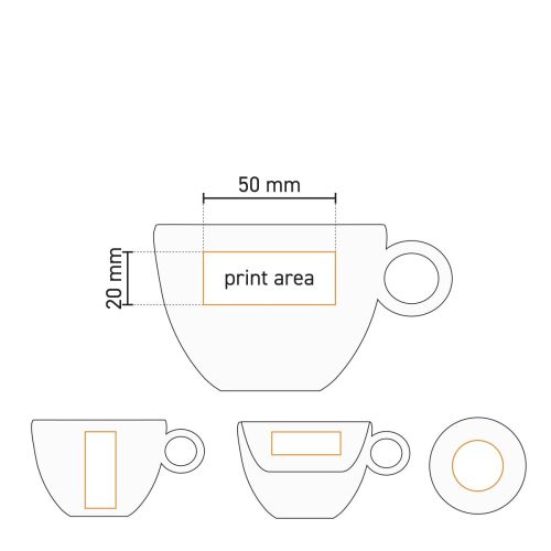 Technische werktekening van Rondo Koffie kop 15 cl. met markering van het drukgebied op de wand. Technische werktekening van Rondo Koffie kop 15 cl. met markering van het drukgebied op de wand.