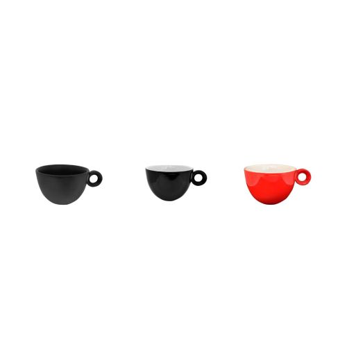 Overzicht van Rondo Koffie kop 15 cl. porselein in diverse kleuren en afwerkingen naast elkaar. Overzicht van Rondo Koffie kop 15 cl. porselein in diverse kleuren en afwerkingen naast elkaar.