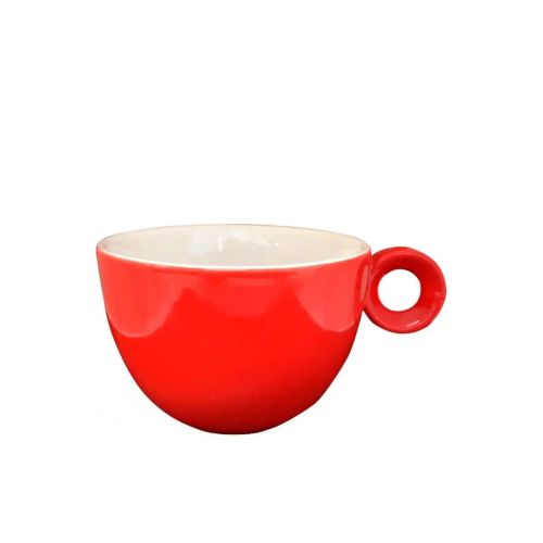 Vooraanzicht van rood-witte porseleinen Rondo Koffie kop 15 cl. met ronde vorm en klassiek oor. Vooraanzicht van rood-witte porseleinen Rondo Koffie kop 15 cl. met ronde vorm en klassiek oor.