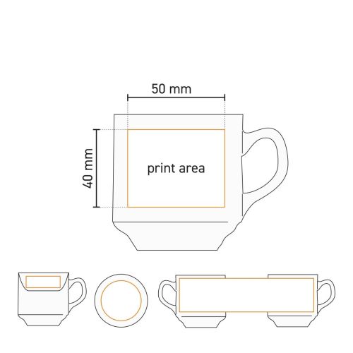Technische werktekening met aanduiding van drukgebied op het Sara Koffie Kop wit 14 cl Technische werktekening met aanduiding van drukgebied op het Sara Koffie Kop wit 14 cl