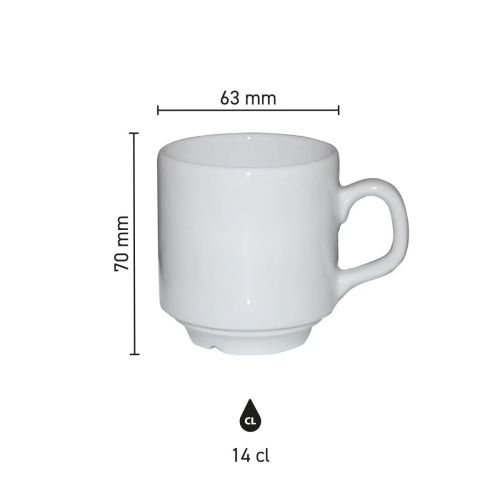 Infographic toont hoogte, diameter en inhoud van de Sara Koffie Kop wit 14 cl. Infographic toont hoogte, diameter en inhoud van de Sara Koffie Kop wit 14 cl.
