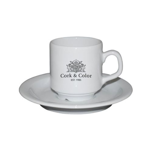 Sara koffie wit 14 cl. set porselein vooraanzicht met bedrukt CorkColor logo in één kleur. Sara koffie wit 14 cl. set porselein vooraanzicht met bedrukt CorkColor logo in één kleur.