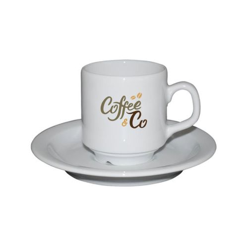 Voorzijde van Sara koffie wit 14 cl. set porselein met CoffeeCo logo bedrukt in meerdere kleuren. Voorzijde van Sara koffie wit 14 cl. set porselein met CoffeeCo logo bedrukt in meerdere kleuren.
