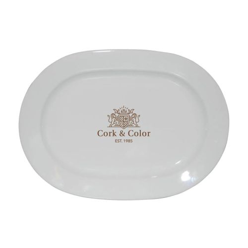 Porseleinen schaal Ovaal Eva wit 24 x 17,5 cm porselein met zwart CorkColor-logo op de voorzijde.